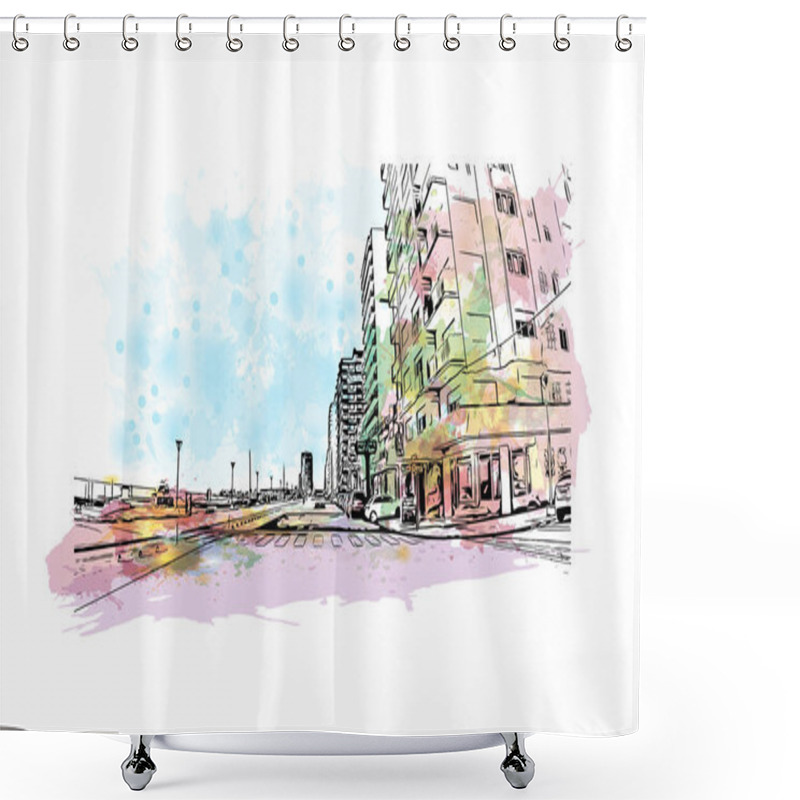 Personality  Print Building View With Landmark Of Miramar Is The City In Florida. Watercolor Splash With Hand Drawn Sketch Illustration In Vector. Shower Curtains