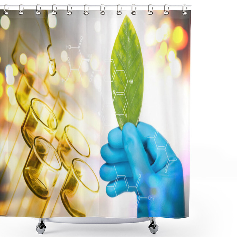 Personality  Scientist Hand In Blue Glove Holding Green Leaf , Biotechnology  Shower Curtains