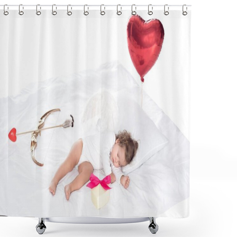 Personality  Little Cherub With Wings Lying On Bed With Heart Balloon, Present, Bow And Arrow, Isolated On White Shower Curtains