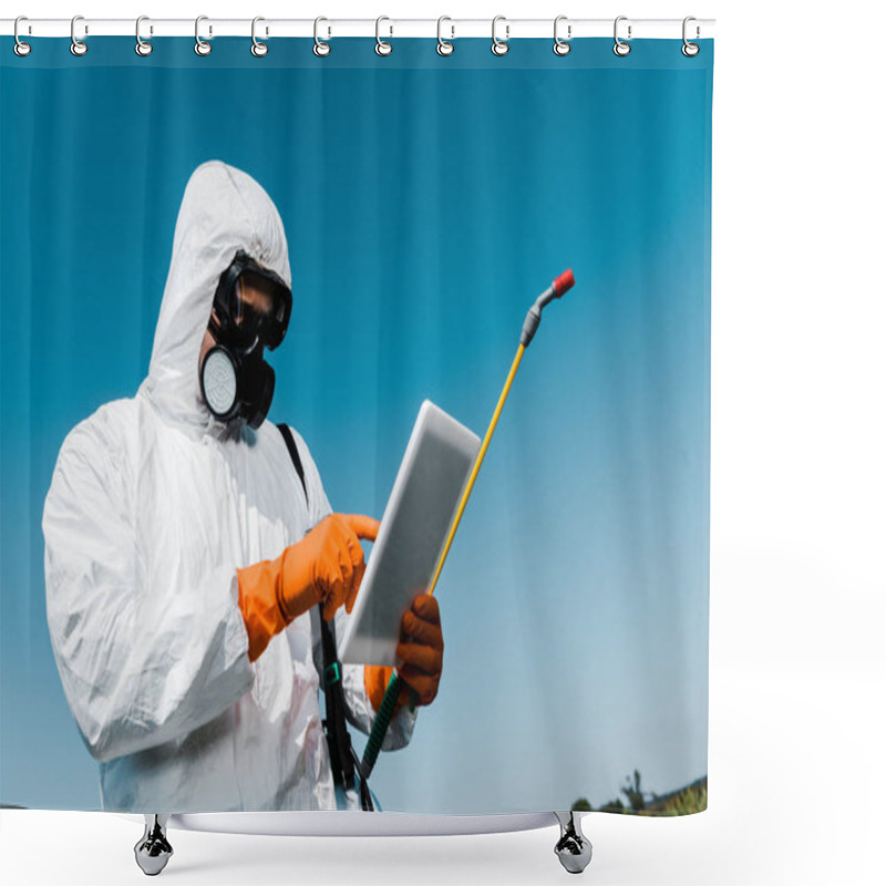 Personality  Man In Protective Mask And Uniform Pointing With Finger At Digital Tablet Against Sky  Shower Curtains