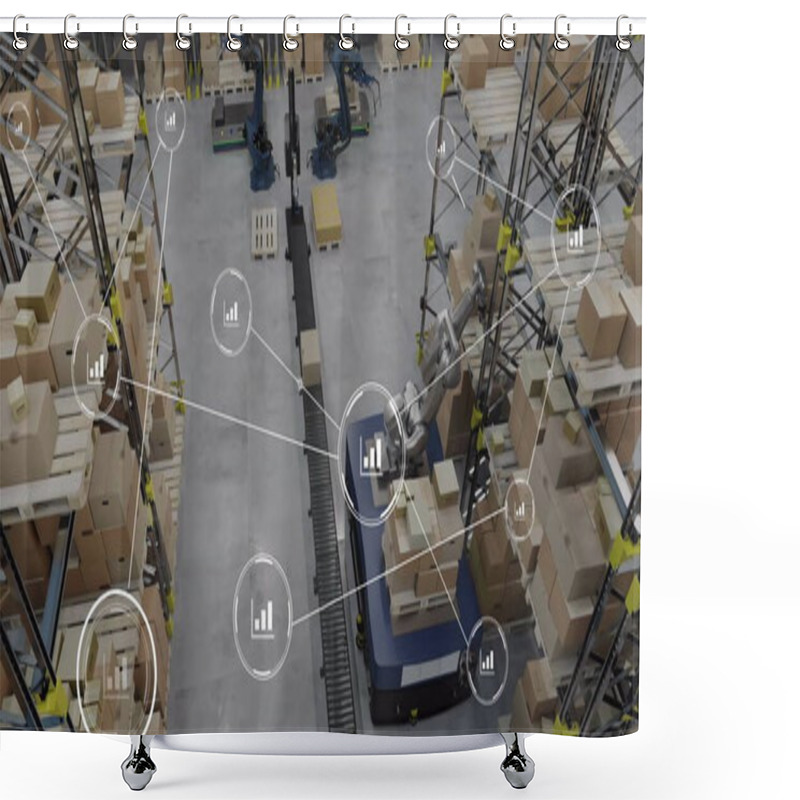 Personality  Image Of Network Of Conncetions With Icons Over Robotic Arms With Boxes Warehouse. Global Conncetions, Innovation, Delivery And Shipping Concept Digitally Generated Image. Shower Curtains