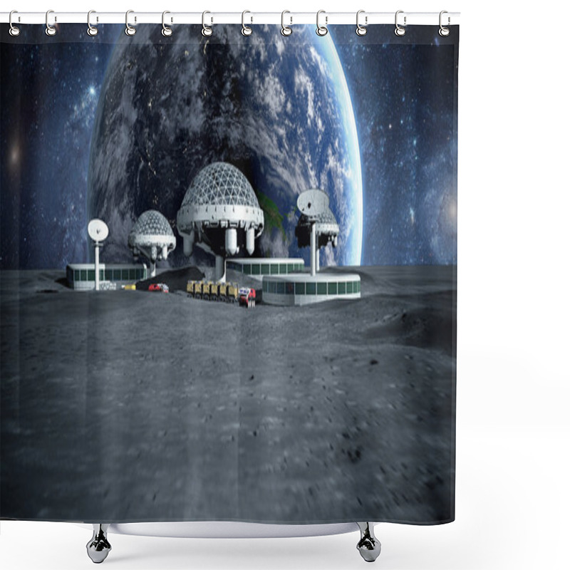 Personality  Futuristic City, Town On Moon. The Space View Of The Planet Earth. 3d Rendering Shower Curtains