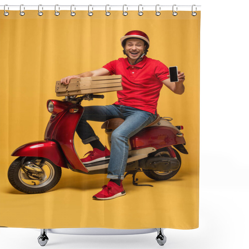 Personality  Happy Delivery Man In Red Uniform Holding Pizza Boxes And Smartphone With Blank Screen On Scooter On Yellow Background Shower Curtains