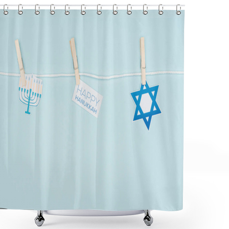 Personality  Top View Of Hannukah Holiday Paper Signs Pegged On Rope Isolated On Blue, Hannukah Concept Shower Curtains