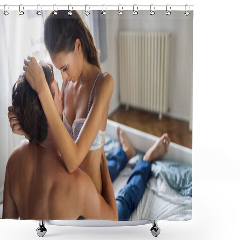 Personality  Attractive Sensual Couple Sharing Intimate Moments In Bedroom Shower Curtains