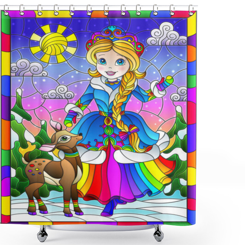 Personality  An Illustration In The Style Of A Stained Glass Window On The Theme Of Winter Holidays, A Cheerful Cartoon Of A Girl And A Fawn, Against The Background Of A Winter Day Landscape In A Bright Frame Shower Curtains