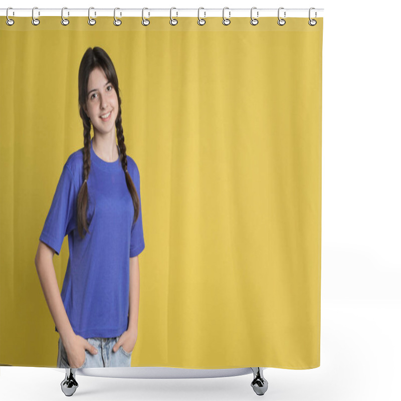 Personality  Portrait Of Smiling Teenage Girl On Yellow Background. Space For Text Shower Curtains