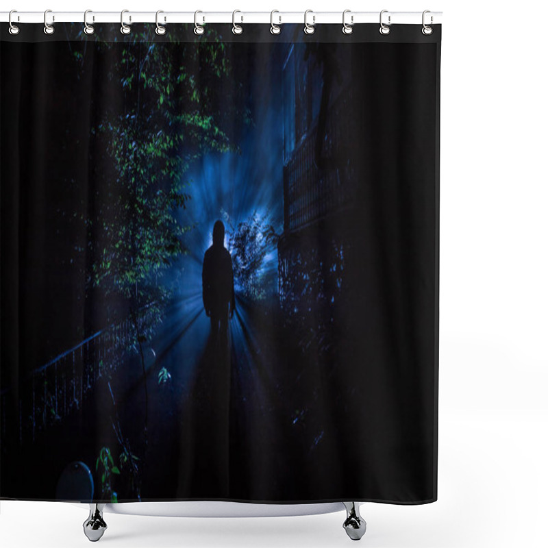 Personality  Silhouette Of Person Standing In The Dark Forest With Light. Horror Halloween Concept. Strange Silhouette In A Dark Spooky Forest At Night Shower Curtains