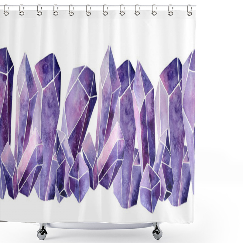 Personality  Watercolor Hand Drawn Seamless Horizontal Border Illustration Set Of Violet Purple Lavender Gemstone Cystals Percious Semiprecious Minerals With Facets. Mystic Witchcraft Concept For Occult Symbols Shower Curtains