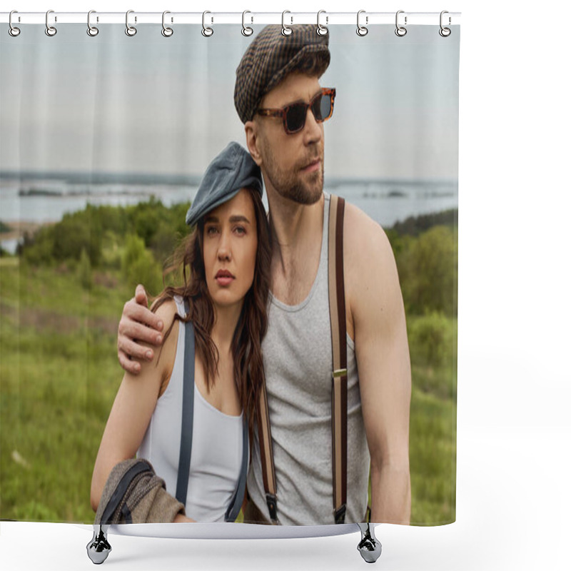 Personality  Stylish Man In Newsboy Cap And Sunglasses Hugging Brunette Girlfriend In Suspenders Holding Vest And Looking At Camera While Standing With Field At Background, Trendy Couple In The Rustic Outdoors Shower Curtains