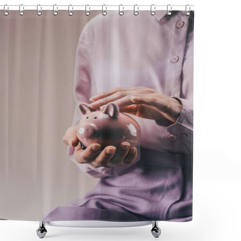 Personality  Partial View Of Woman Holding Pink Piggy Bank In Hands Isolated On Lilac Shower Curtains