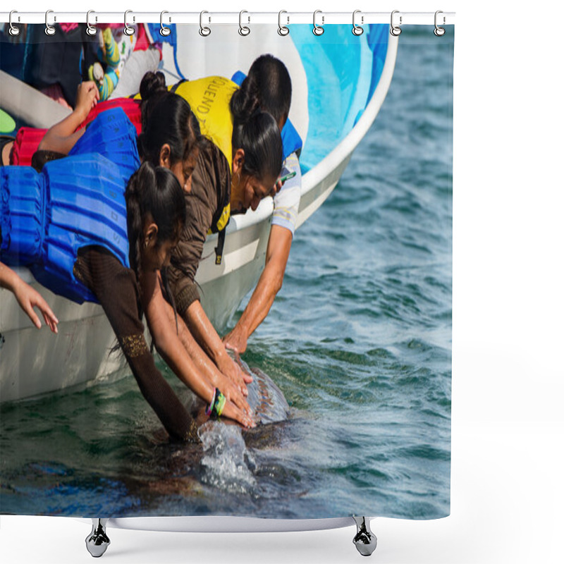 Personality  ALFREDO LOPEZ MATEOS - MEXICO - FEBRUARY, 5 2015 - Grey Whale Approaching A Boat Shower Curtains