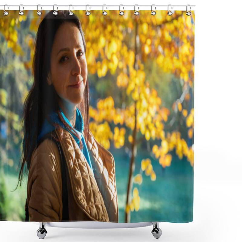 Personality  Portrait Of A Smiling Woman In Soft Autumn Sunlight Surrounded By Golden Leaves. A Warm And Vibrant Outdoor Scene Reflecting The Joy And Beauty Of The Fall Season Shower Curtains