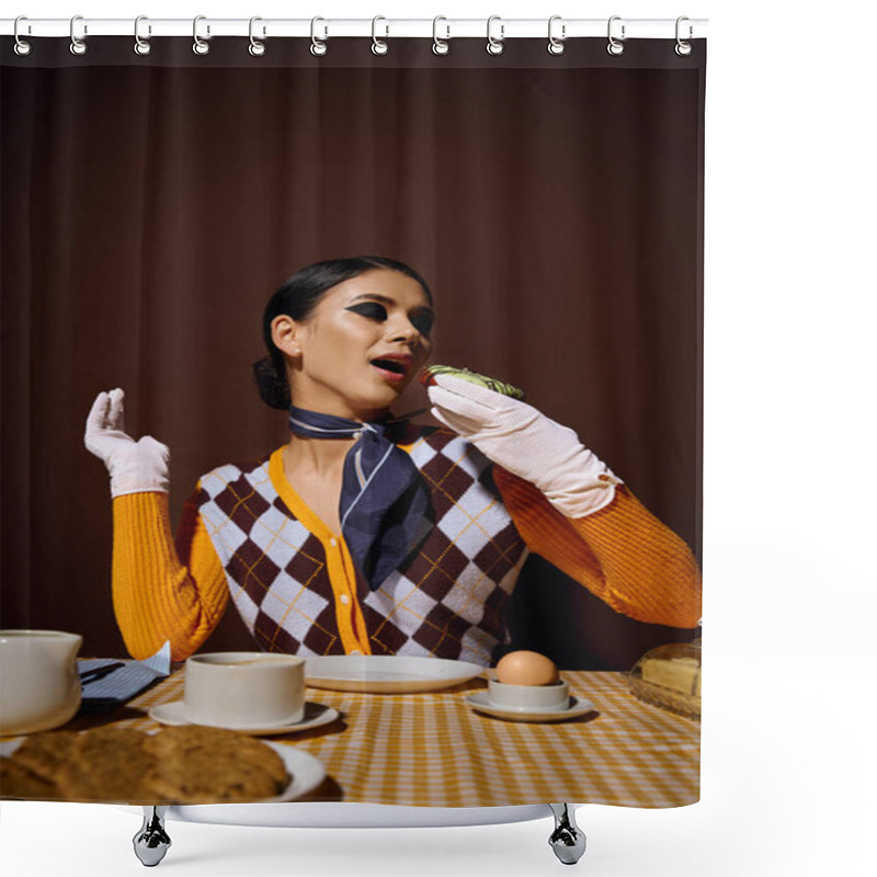 Personality  A Stylish Woman In A Patterned Sweater Sits At A Table, Enjoying A Snack. Shower Curtains