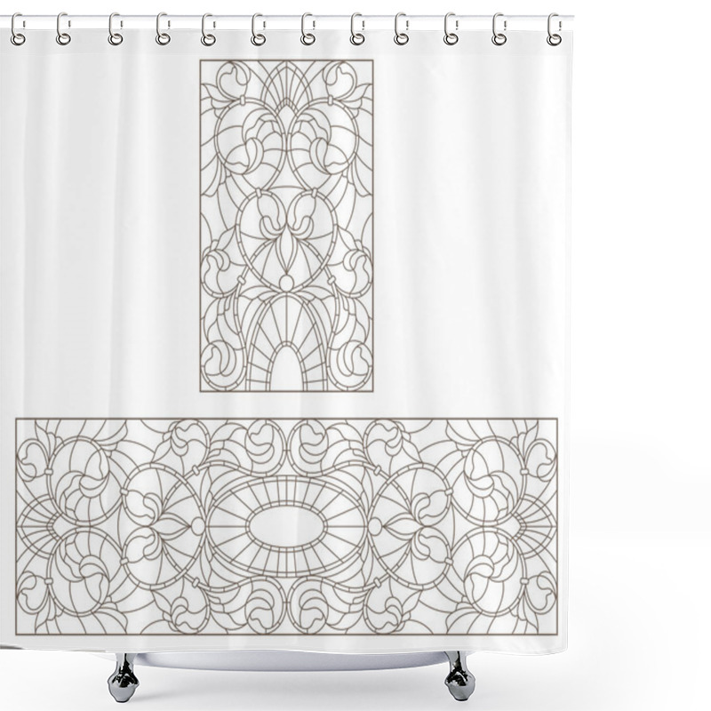 Personality  Set Of Contour Stained Glass Illustrations With Abstract Symmetrical  Flowers, Dark Contours On White Background Shower Curtains