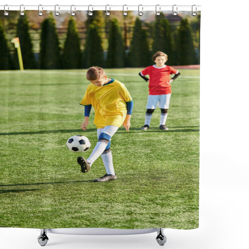 Personality  A Group Of Energetic Young Boys Engage In A Spirited Game Of Soccer, Kicking The Ball With Determination Across A Grassy Field While Laughing And Shouting In Excitement. Shower Curtains