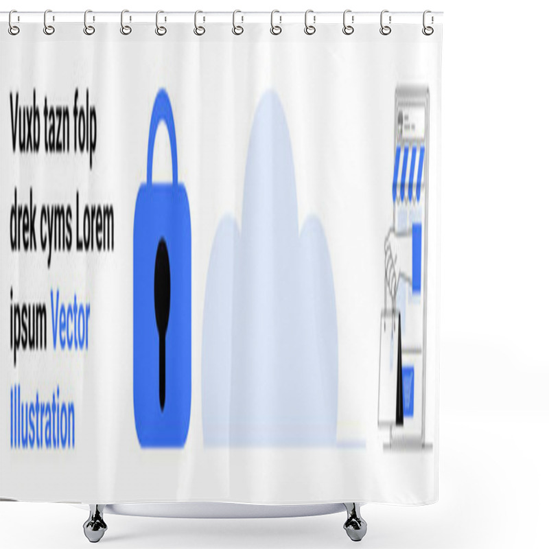 Personality  Blue Padlock, Grey Cloud, Online Shop And Shopping Bag Icons Represent Cybersecurity, Cloud Storage, And E-commerce. Ideal For Data Protection, Cloud Computing, Online Shopping, Digital Marketplaces Shower Curtains