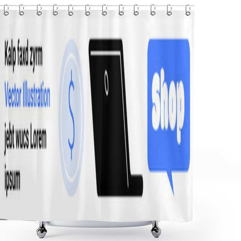 Personality  Simple Icons Of A Laptop, A Currency Symbol, And A Shop Speech Bubble. Text For Demonstrative Purposes. Ideal For E-commerce, Online Shopping, Digital Transactions, Tech Interfaces, And Marketing Shower Curtains