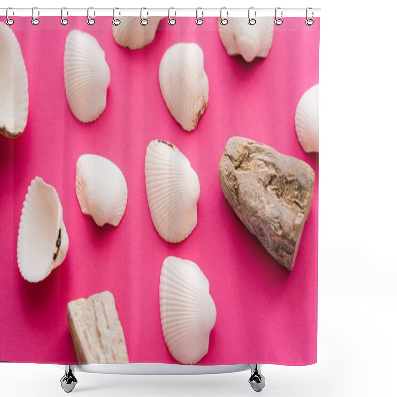 Personality  Top View Of White Seashells And Stones On Pink Background  Shower Curtains