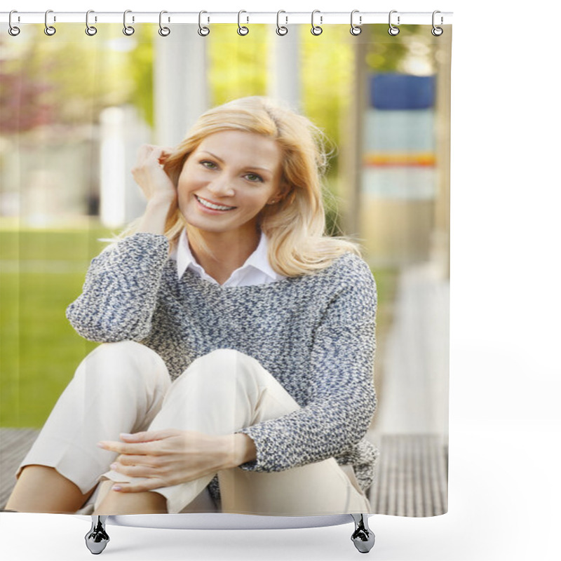 Personality  Smiling Woman Sitting Outdoor Shower Curtains