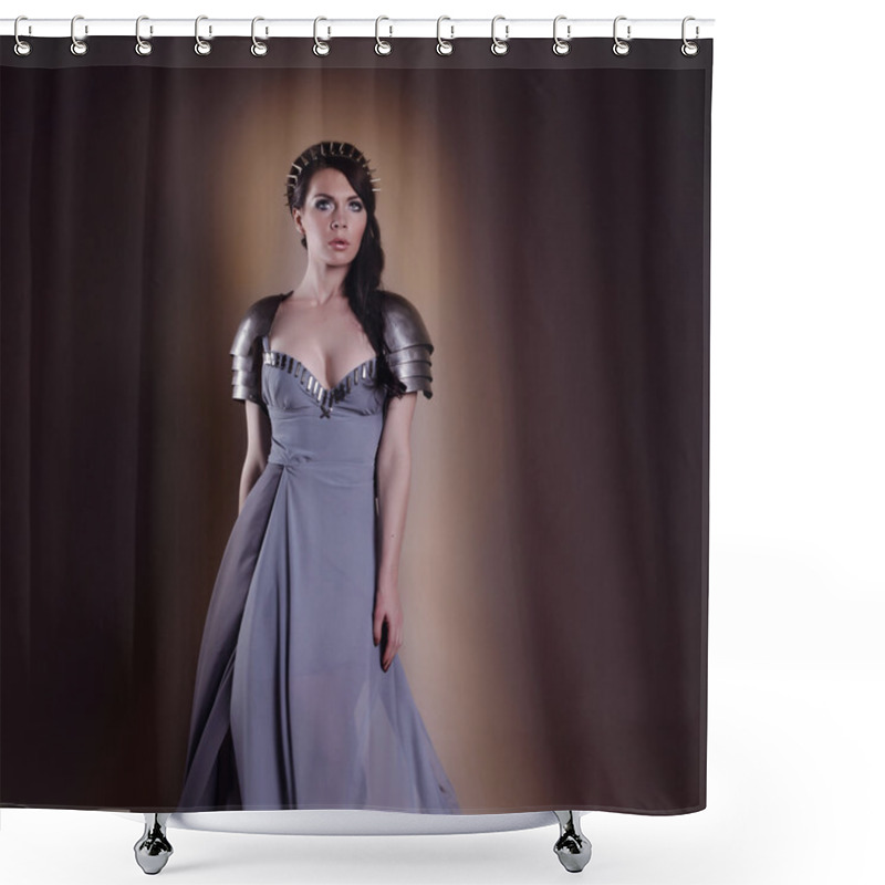 Personality  Portrait Of A Beautiful Lady Warrior, Dark-haired Girl In A Gray Shower Curtains