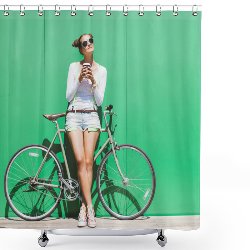 Personality  Fashionable Beautiful Young Pretty Girl In Shorts And T-shirt And Sunglasses Stands With  Bicycle Fix Gear Nex To Green Wall Bright Sunny Day Shower Curtains