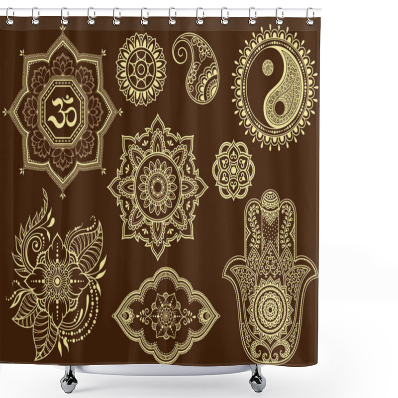 Personality  Big Set Of Mehndi Flower Pattern, Lotus, Mandala, Mantra OM, Yin-yang Symbol And Hamsa For Henna Drawing And Tattoo. Decoration In Ethnic Oriental, Indian Style. Shower Curtains