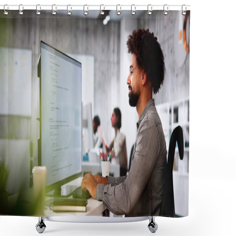 Personality  African American Coder Using Computer At Desk. Web Developer Shower Curtains