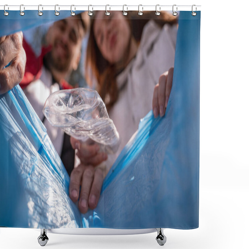 Personality  Plastic Cup Falling In Trash Bag Near Blurred Volunteers Shower Curtains