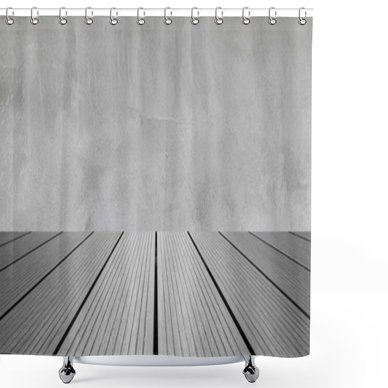 Personality  Panorama Of Empty Room Dark Cement Wall Cover With Floor Wood Table. Gray Wood Table Dark Background. Grey Old Rough Wooden Floor Perspective Interior Shower Curtains