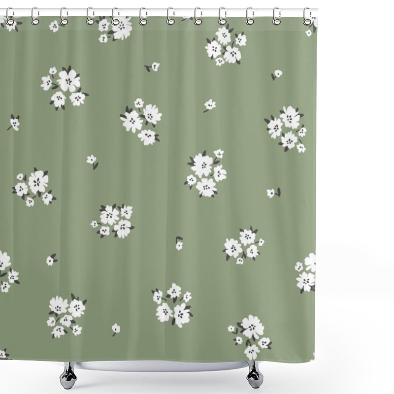 Personality  Calico Millefleurs Seamless Pattern. Small White Summer Wildflowers In A Simple Hand Drawn Cartoon Style On A Green Background. Ideal For Textile, Fabric, Surface, Wallpaper, Scrapbooking, Wrapping. Shower Curtains