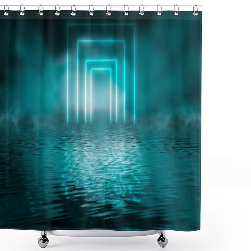 Personality  Dramatic Dark Background. Reflection Of Light On The Water. Smoke Fog. Light Neon Effect, Energy Waves On A Dark Abstract Background. Laser Neon Show. Smoke, Fog. 3d Illustration Shower Curtains