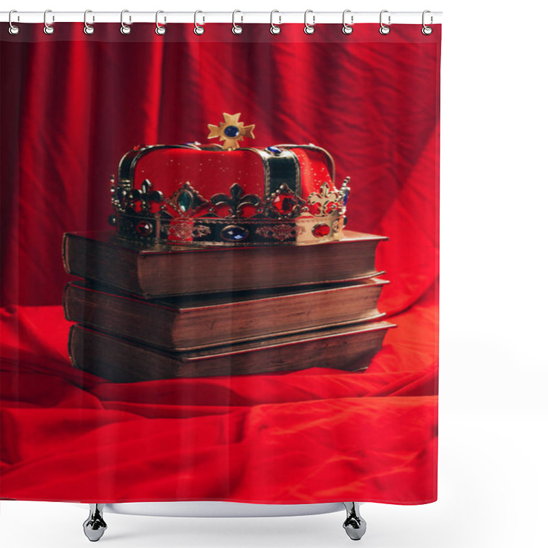 Personality  Ancient Golden Crown With Gemstones On Books On Red Cloth Shower Curtains