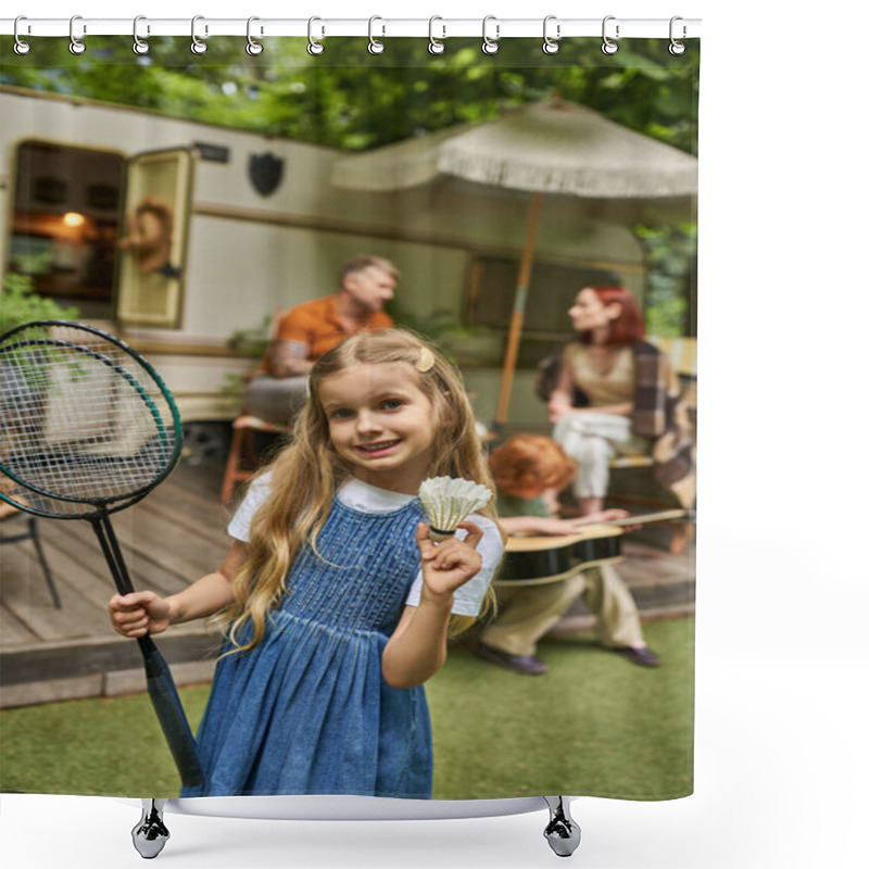 Personality  Happy Girl With Badminton Rockets And Shuttlecock Near Family And Trailer Home On Blurred Background Shower Curtains