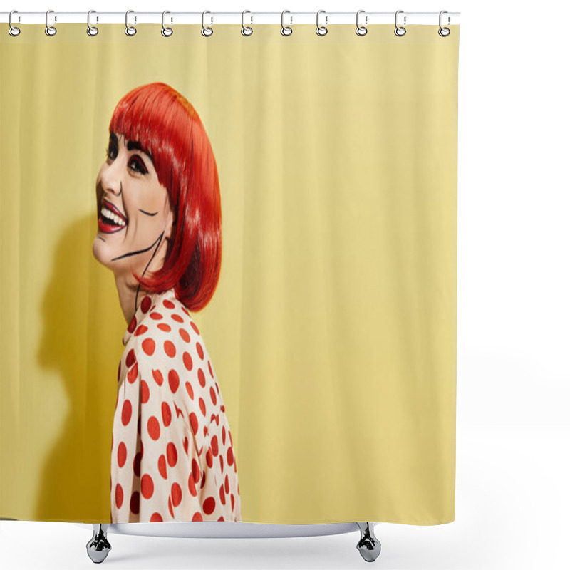 Personality  A Stunning Redhead With Creative Makeup In A Polka Dot Shirt On A Vibrant Yellow Backdrop, Resembling A Character From Comics. Shower Curtains