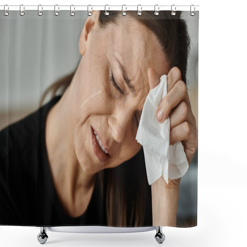 Personality  A Middle-aged Woman Wiping Her Face With A Tissue In A Moment Of Vulnerability. Shower Curtains