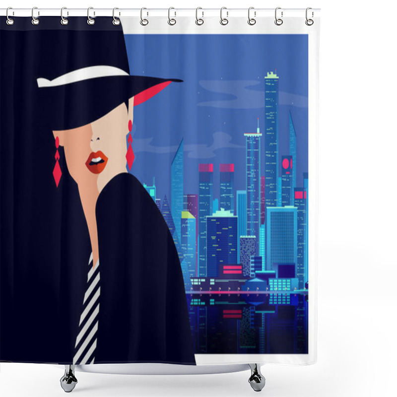 Personality  Fashion Girl In Pop Art Style In New York City. Vector Illustration. Shower Curtains