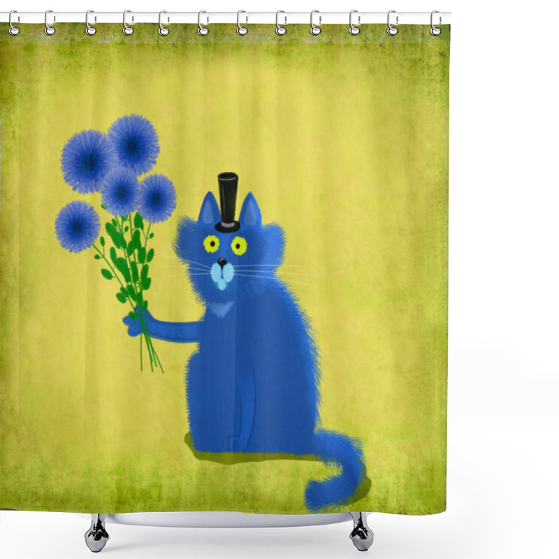 Personality  Blue Cat With Top Hat Holding Flowers On Lime Background  Shower Curtains