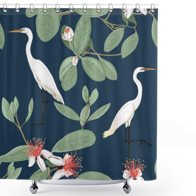 Personality  Seamless Pattern, Background With Floral Pattern With Feijoa Blooming Flowers And Herons. Vector Illustration Without Gradients And Transparency.  On Dark Blue Background. Shower Curtains