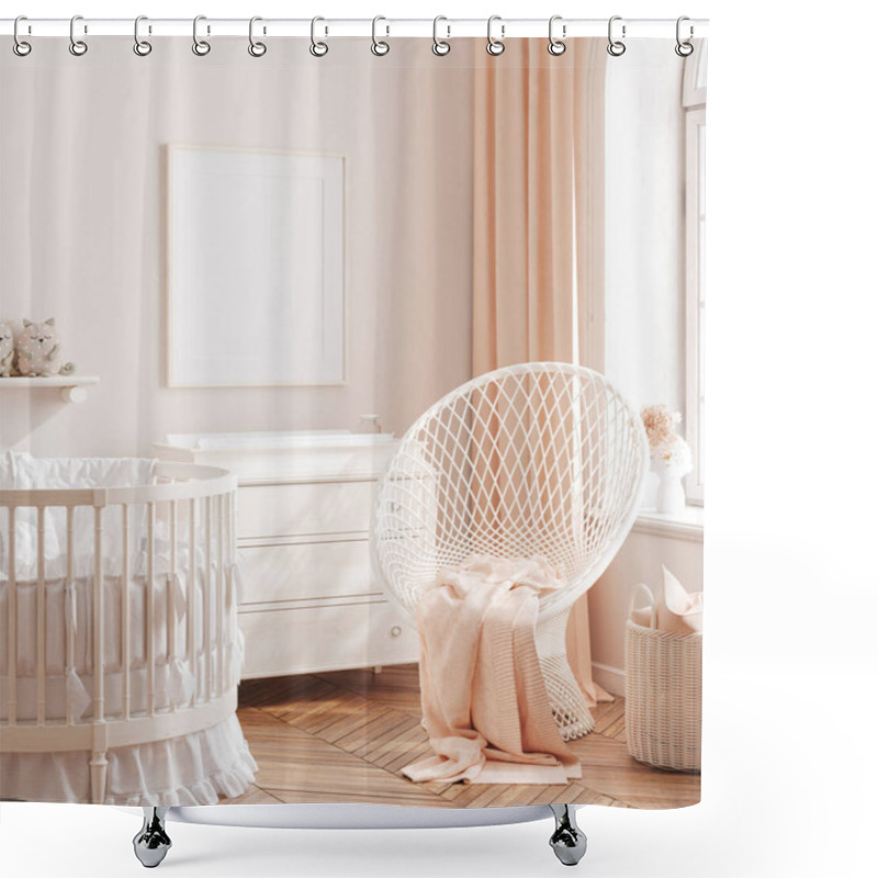 Personality  Mock Up Frame In Cozy Girls Nursery, Chic Style Interior Background, 3d Render Shower Curtains