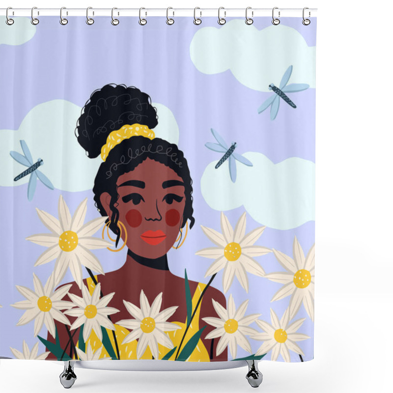 Personality  Portrait Of A Beautiful African American Woman In A Field Of Flowers, Modern Flat Style. Pretty Girl. Vector Illustration Shower Curtains