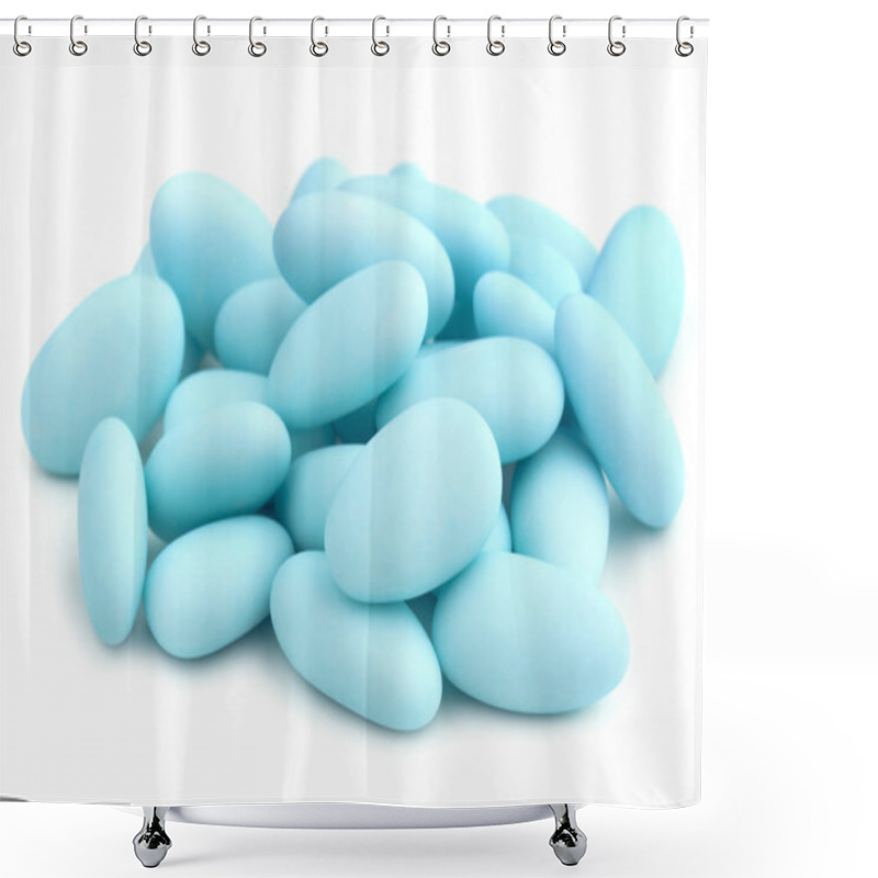 Personality  Heap Of Blue Sugared Almonds On White Background Shower Curtains