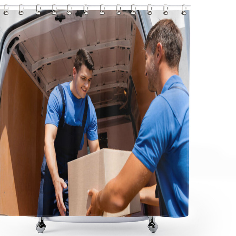 Personality  Movers With Cardboard Box Unloading Truck On Urban Street  Shower Curtains