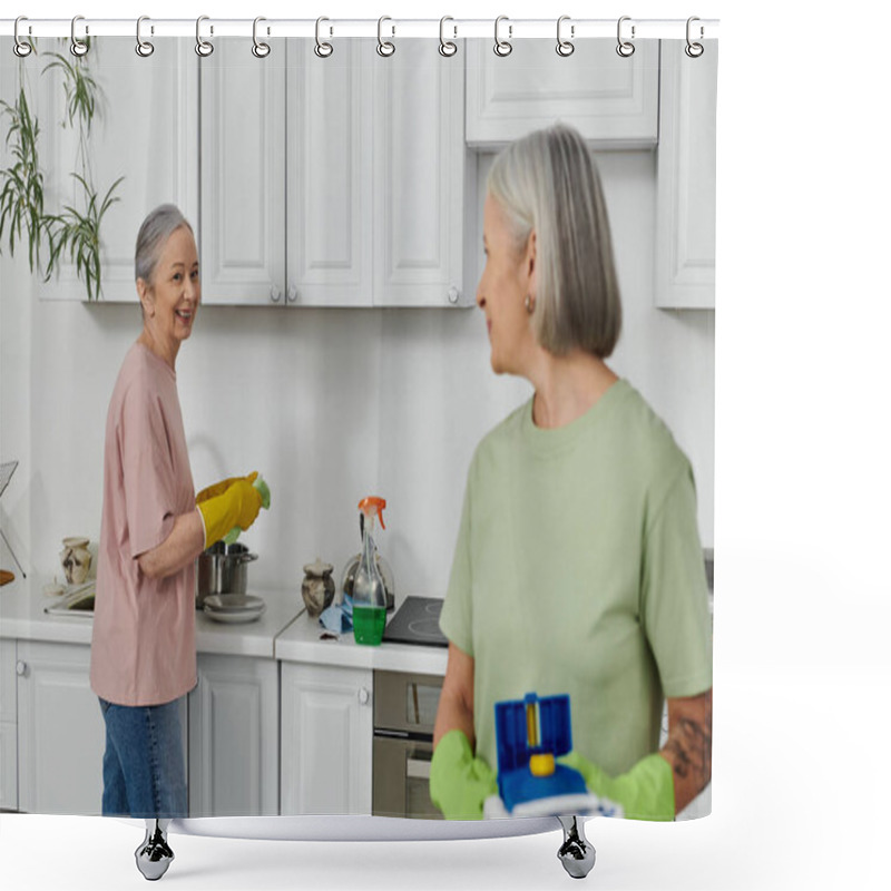 Personality  An Older Lesbian Couple Cleans Their Modern Kitchen Together, Sharing A Moment Of Intimacy And Domestic Bliss. Shower Curtains