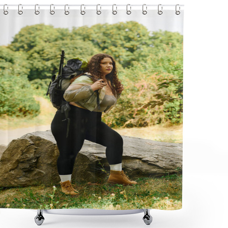 Personality  A Plus Size Woman Stands Among Vibrant Greenery, Fully Embracing Nature And Adventure. Shower Curtains