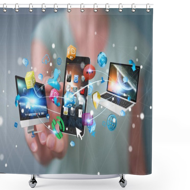 Personality  Tech Devices Connected To Each Other By Businesswoman 3D Renderi Shower Curtains