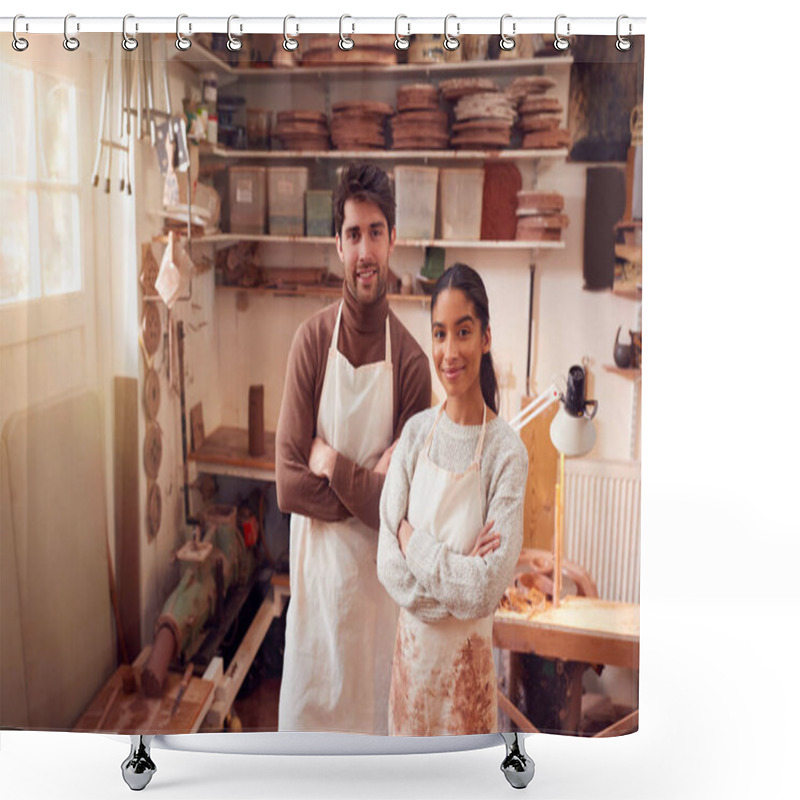 Personality  Portrait Of Couple Running Bespoke Pottery Business Working In Ceramics Studio Together Shower Curtains