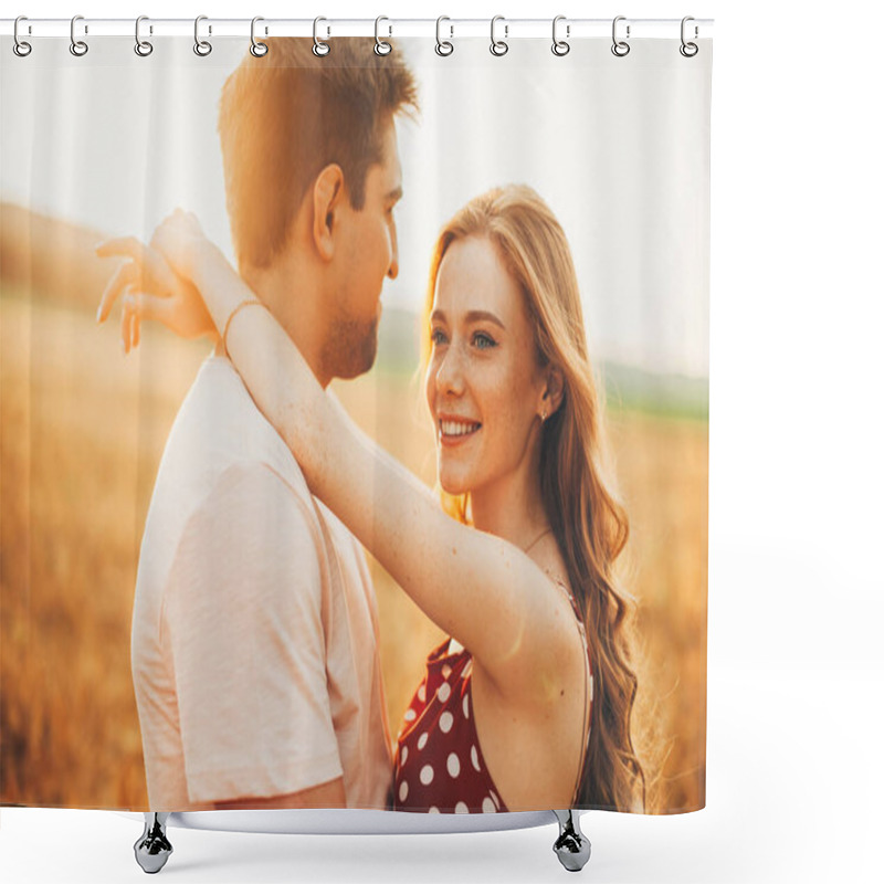 Personality  Portrait Of A Couple Embracing In The Wheat Field. Freckled Caucasian On A Date With Her Boyfriend. Sunset Light Shower Curtains