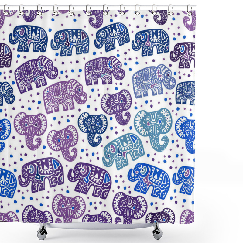 Personality  Beautiful Seamless Pattern Indian Elephant With Polka Dot Ornaments. Hand Drawn Ethnic Tribal Decorated Elephant. Blue Purple Lilac Contour Isolated On White Endless Background. Vector Illustration Shower Curtains