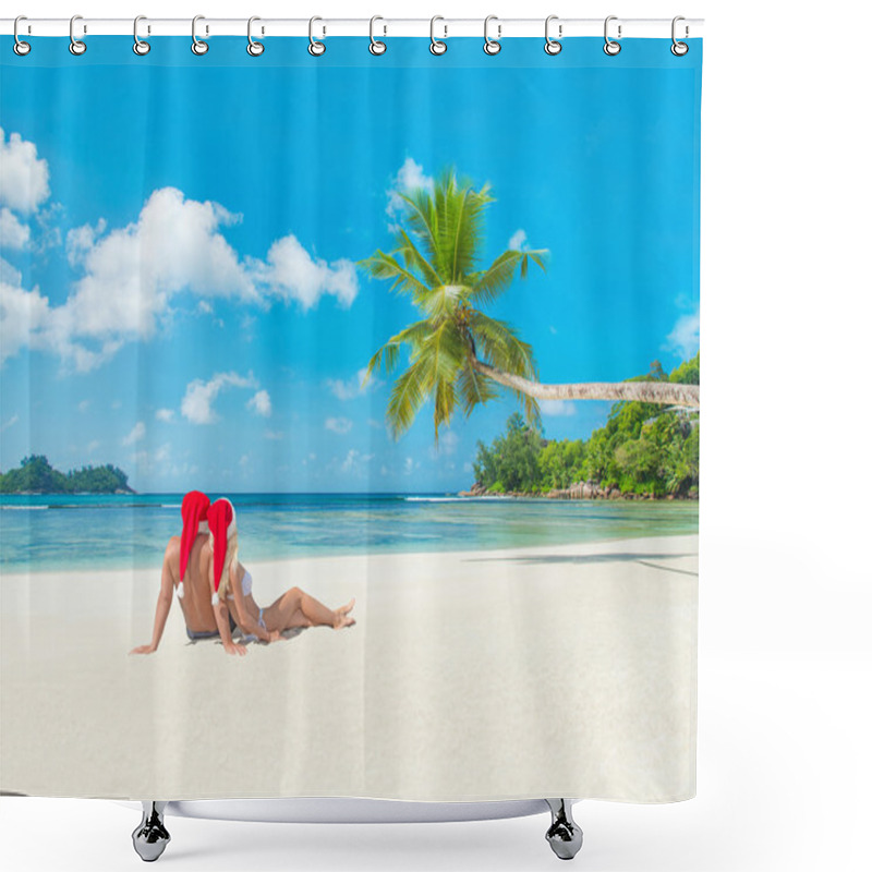 Personality  Couple In Christmas Hats At Tropical Sandy Palm Beach Shower Curtains